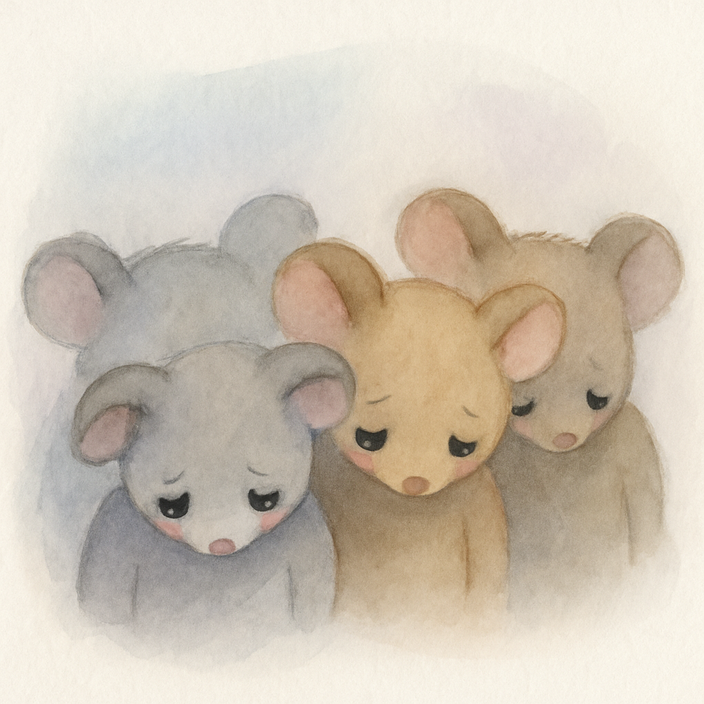 무서워서 고개를 숙이고 있는 생쥐들